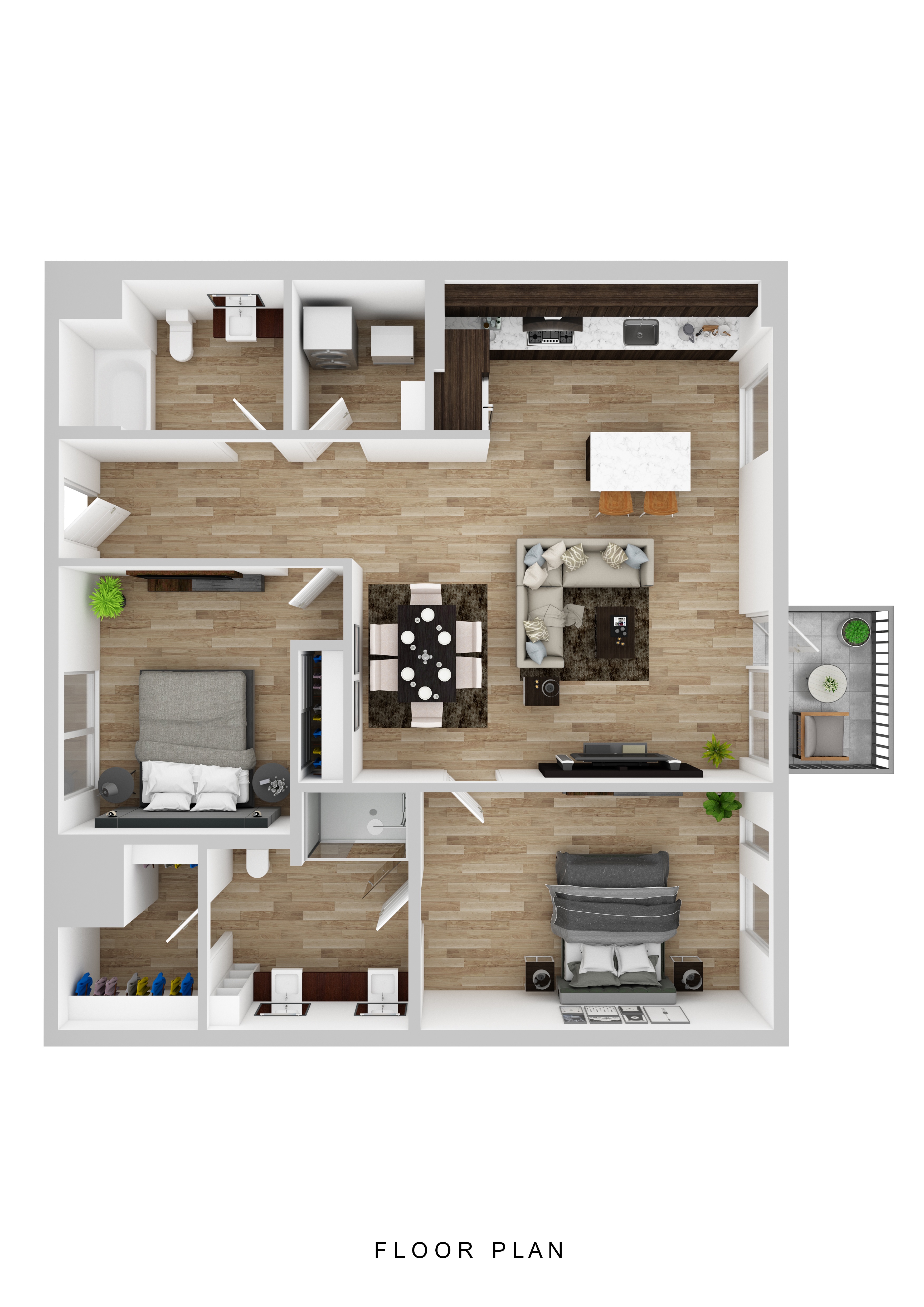 Floor plan for 2 beds, 2 baths, 1243 sqft